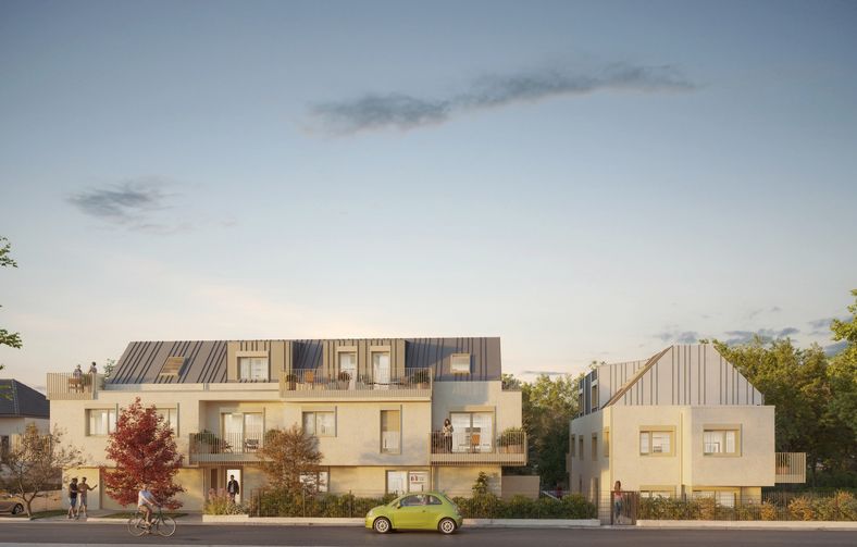 Rendering eines Wohnbaus, Straßenperspektive, Abenddämmerung